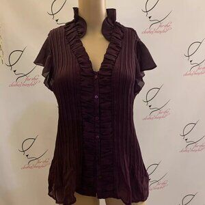East 5th, Size 8. Ruffle Ruched Blouse Top. Crinkle Button Up. Purple. B70